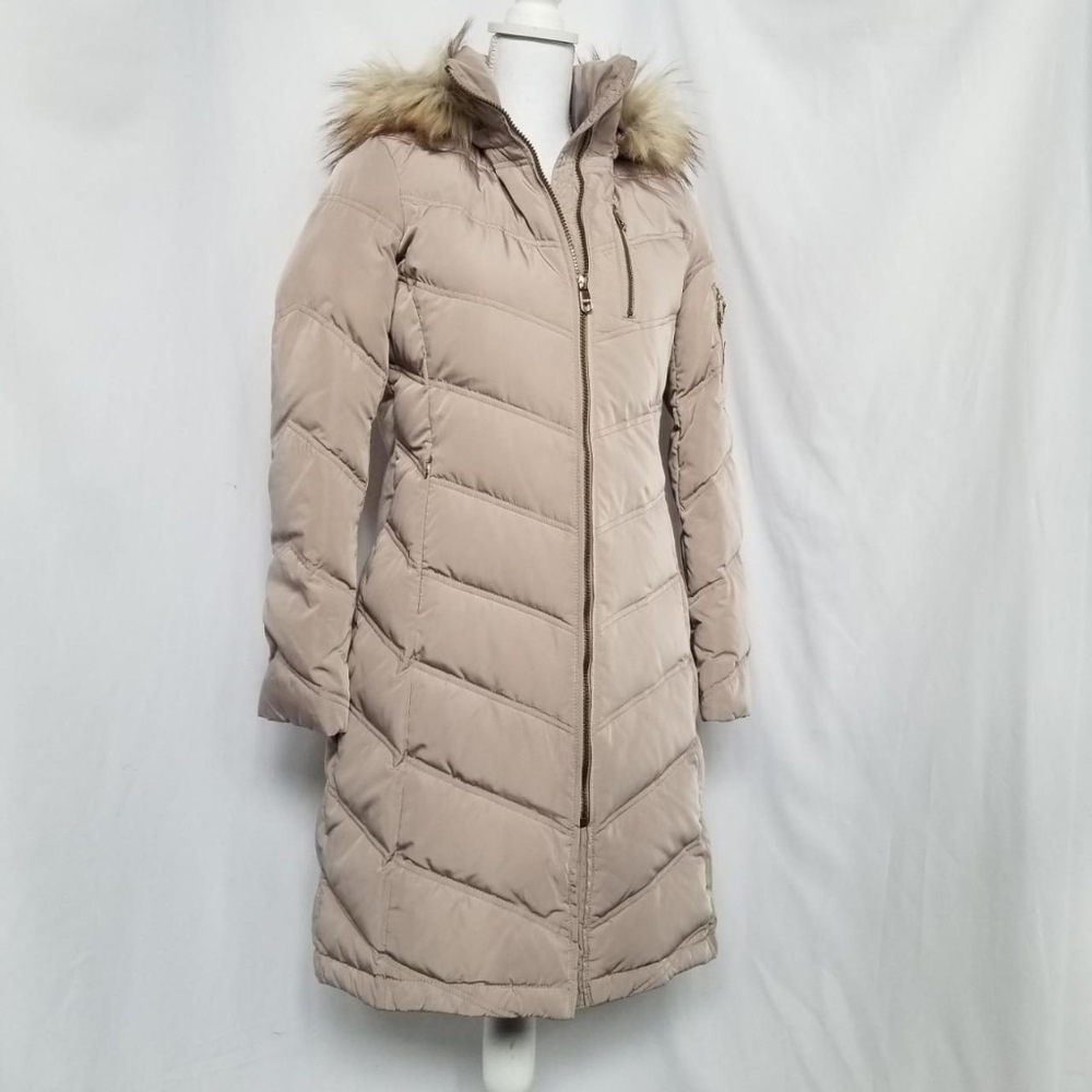 Calvin Klein Quilted puffer down winter jacket coat. Faux fur trim hood XS